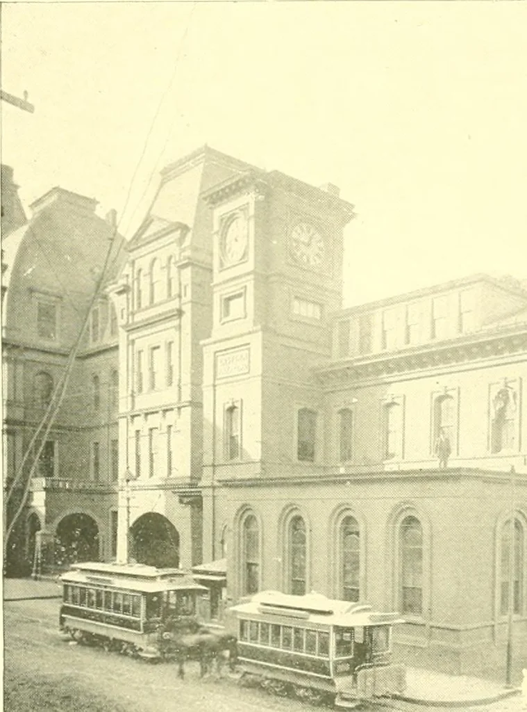 An illustration from A half century of Boston's building. The construction of buildings, the enactment of building laws and ordinances, sanitary laws, the ancient and modern building, building statistics, Boston's valuation, a chapter of Boston's big fire, fire losses, public lands account, prominent architects, contractors and builders, building materials and their source of supply inspection of buildings, the building and plumbing associations, 1895, leaf 639