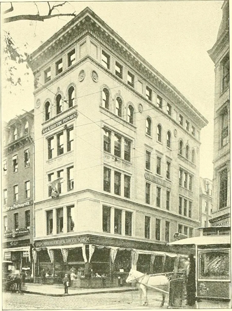 An illustration from A half century of Boston's building. The construction of buildings, the enactment of building laws and ordinances, sanitary laws, the ancient and modern building, building statistics, Boston's valuation, a chapter of Boston's big fire, fire losses, public lands account, prominent architects, contractors and builders, building materials and their source of supply inspection of buildings, the building and plumbing associations, 1895, leaf 83