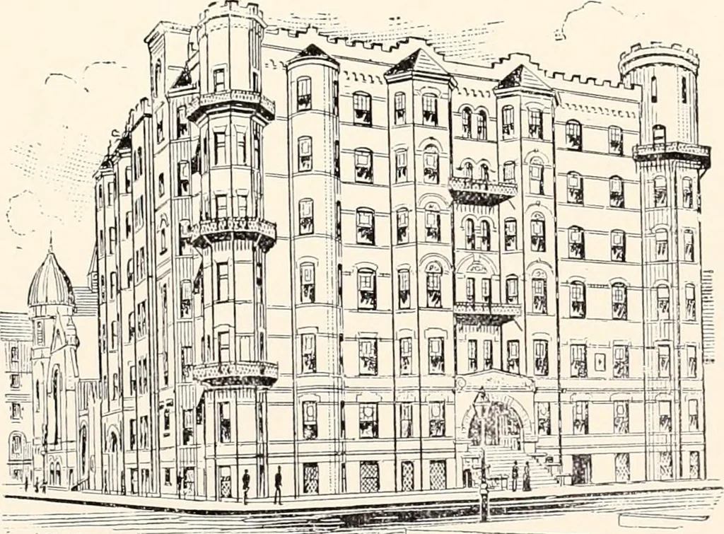 An illustration from A half century of Boston's building : the construction of buildings, the enactment of building laws and ordinances, sanitary laws, the ancient and modern building, building statistics, Boston's valuation, a chapter of Boston's big fire, fire losses, public lands account, prominent architects, contractors and builders, building materials and their source of supply, inspection of buildings, the building and plumbing associations, 1895, leaf 123