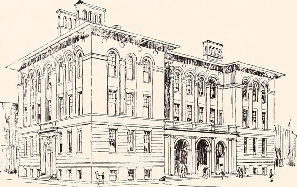 An illustration from A half century of Boston's building : the construction of buildings, the enactment of building laws and ordinances, sanitary laws, the ancient and modern building, building statistics, Boston's valuation, a chapter of Boston's big fire, fire losses, public lands account, prominent architects, contractors and builders, building materials and their source of supply, inspection of buildings, the building and plumbing associations, 1895, leaf 126