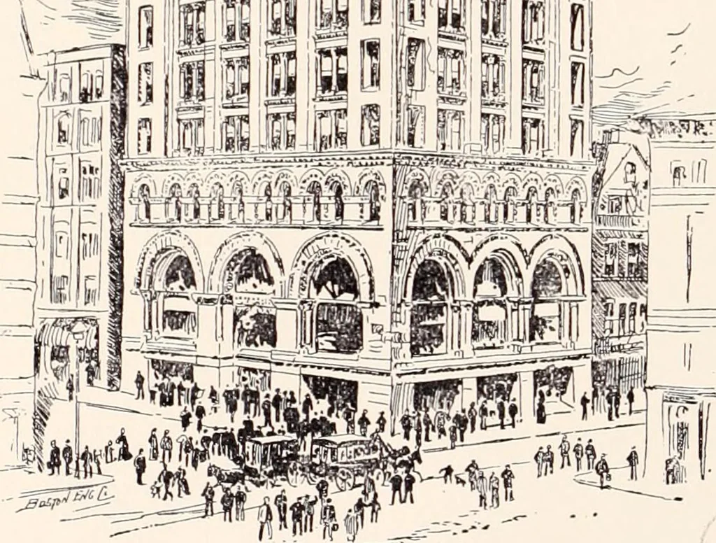 An illustration from A half century of Boston's building : the construction of buildings, the enactment of building laws and ordinances, sanitary laws, the ancient and modern building, building statistics, Boston's valuation, a chapter of Boston's big fire, fire losses, public lands account, prominent architects, contractors and builders, building materials and their source of supply, inspection of buildings, the building and plumbing associations, 1895, leaf 126