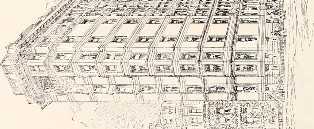 An illustration from A half century of Boston's building : the construction of buildings, the enactment of building laws and ordinances, sanitary laws, the ancient and modern building, building statistics, Boston's valuation, a chapter of Boston's big fire, fire losses, public lands account, prominent architects, contractors and builders, building materials and their source of supply, inspection of buildings, the building and plumbing associations, 1895, leaf 172
