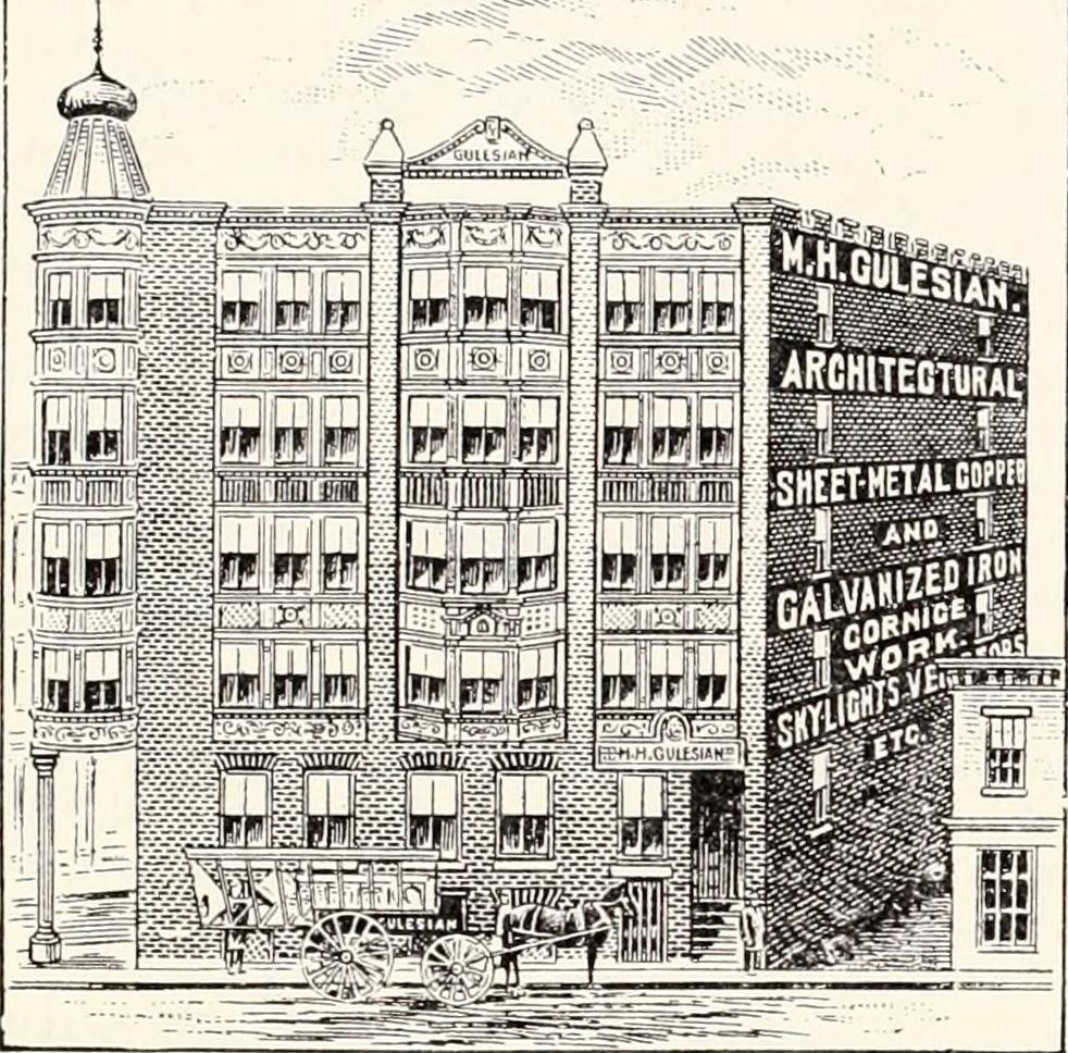 An illustration from A half century of Boston's building : the construction of buildings, the enactment of building laws and ordinances, sanitary laws, the ancient and modern building, building statistics, Boston's valuation, a chapter of Boston's big fire, fire losses, public lands account, prominent architects, contractors and builders, building materials and their source of supply, inspection of buildings, the building and plumbing associations, 1895, leaf 189