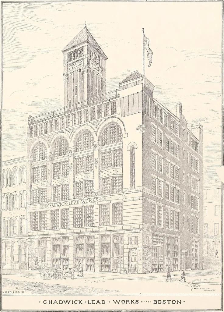 An illustration from A half century of Boston's building : the construction of buildings, the enactment of building laws and ordinances, sanitary laws, the ancient and modern building, building statistics, Boston's valuation, a chapter of Boston's big fire, fire losses, public lands account, prominent architects, contractors and builders, building materials and their source of supply, inspection of buildings, the building and plumbing associations, 1895, leaf 229