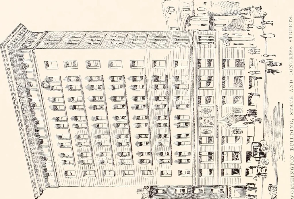 An illustration from A half century of Boston's building : the construction of buildings, the enactment of building laws and ordinances, sanitary laws, the ancient and modern building, building statistics, Boston's valuation, a chapter of Boston's big fire, fire losses, public lands account, prominent architects, contractors and builders, building materials and their source of supply, inspection of buildings, the building and plumbing associations, 1895, leaf 248