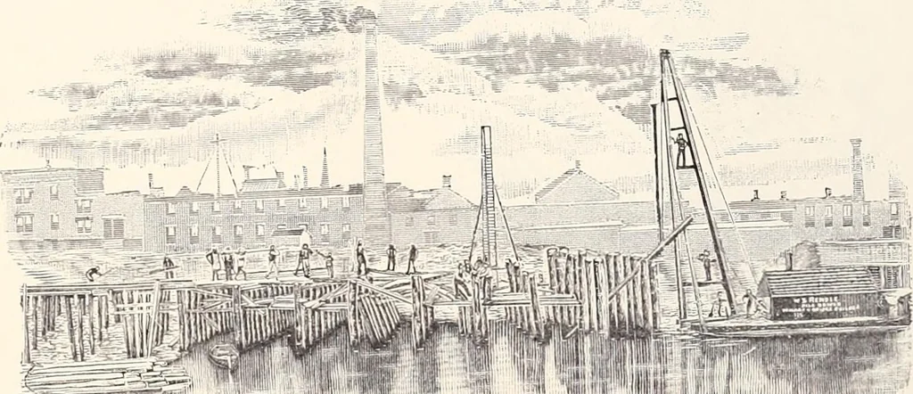 An illustration from A half century of Boston's building : the construction of buildings, the enactment of building laws and ordinances, sanitary laws, the ancient and modern building, building statistics, Boston's valuation, a chapter of Boston's big fire, fire losses, public lands account, prominent architects, contractors and builders, building materials and their source of supply, inspection of buildings, the building and plumbing associations, 1895, leaf 321