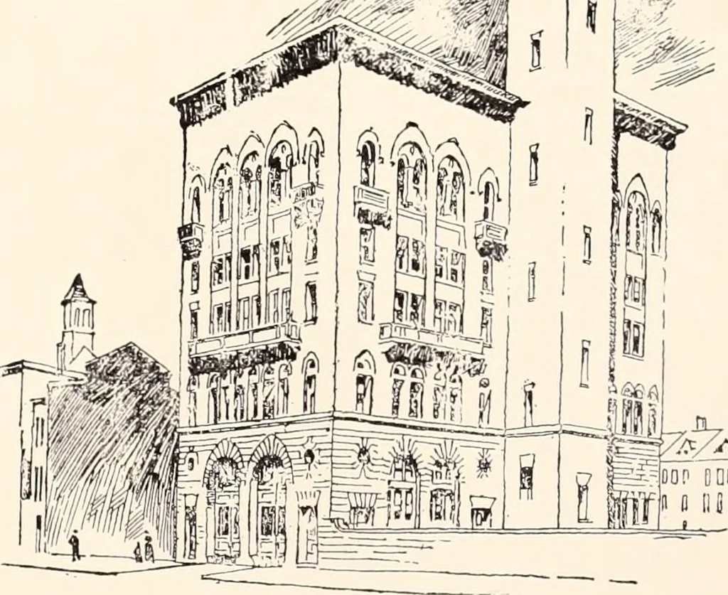 An illustration from A half century of Boston's building : the construction of buildings, the enactment of building laws and ordinances, sanitary laws, the ancient and modern building, building statistics, Boston's valuation, a chapter of Boston's big fire, fire losses, public lands account, prominent architects, contractors and builders, building materials and their source of supply, inspection of buildings, the building and plumbing associations, 1895, leaf 323