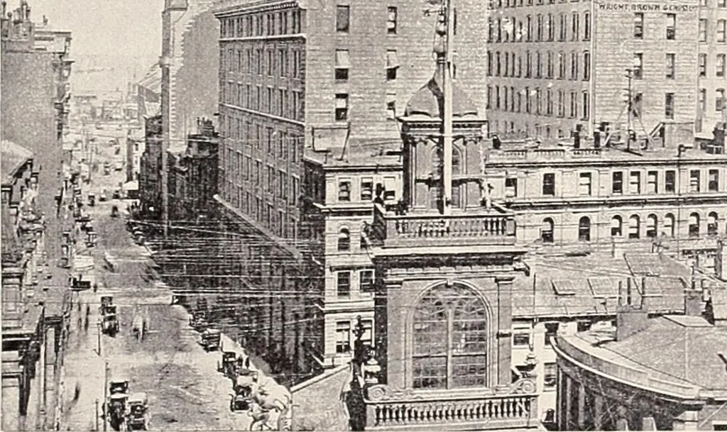 An illustration from A half century of Boston's building : the construction of buildings, the enactment of building laws and ordinances, sanitary laws, the ancient and modern building, building statistics, Boston's valuation, a chapter of Boston's big fire, fire losses, public lands account, prominent architects, contractors and builders, building materials and their source of supply, inspection of buildings, the building and plumbing associations, 1895, leaf 339