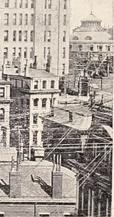 An illustration from A half century of Boston's building : the construction of buildings, the enactment of building laws and ordinances, sanitary laws, the ancient and modern building, building statistics, Boston's valuation, a chapter of Boston's big fire, fire losses, public lands account, prominent architects, contractors and builders, building materials and their source of supply, inspection of buildings, the building and plumbing associations, 1895, leaf 339