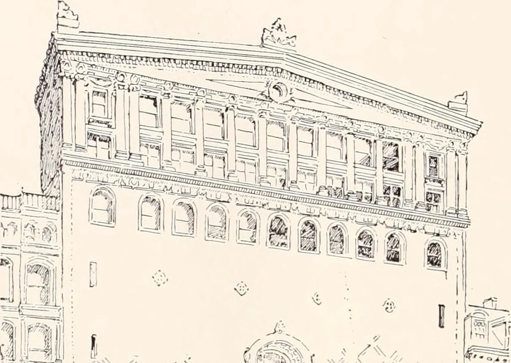 An illustration from A half century of Boston's building : the construction of buildings, the enactment of building laws and ordinances, sanitary laws, the ancient and modern building, building statistics, Boston's valuation, a chapter of Boston's big fire, fire losses, public lands account, prominent architects, contractors and builders, building materials and their source of supply, inspection of buildings, the building and plumbing associations, 1895, leaf 364
