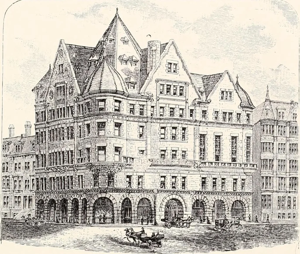 An illustration from A half century of Boston's building : the construction of buildings, the enactment of building laws and ordinances, sanitary laws, the ancient and modern building, building statistics, Boston's valuation, a chapter of Boston's big fire, fire losses, public lands account, prominent architects, contractors and builders, building materials and their source of supply, inspection of buildings, the building and plumbing associations, 1895, leaf 39