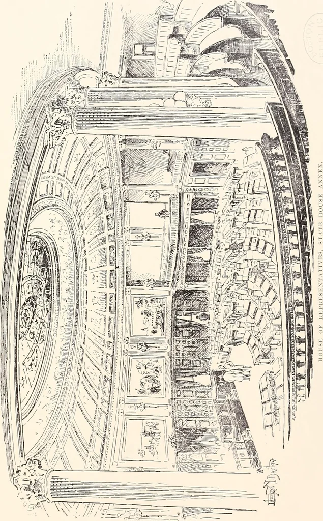 An illustration from A half century of Boston's building : the construction of buildings, the enactment of building laws and ordinances, sanitary laws, the ancient and modern building, building statistics, Boston's valuation, a chapter of Boston's big fire, fire losses, public lands account, prominent architects, contractors and builders, building materials and their source of supply, inspection of buildings, the building and plumbing associations, 1895, leaf 391