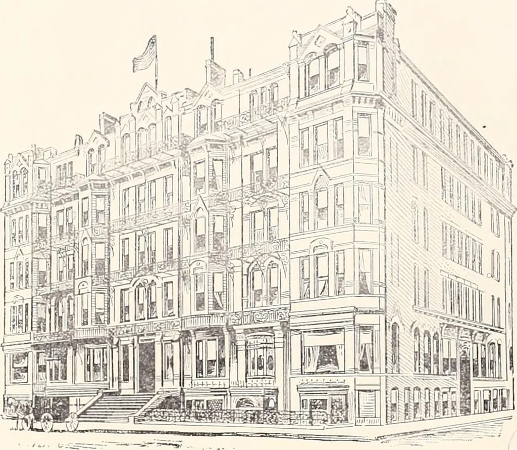 An illustration from A half century of Boston's building : the construction of buildings, the enactment of building laws and ordinances, sanitary laws, the ancient and modern building, building statistics, Boston's valuation, a chapter of Boston's big fire, fire losses, public lands account, prominent architects, contractors and builders, building materials and their source of supply, inspection of buildings, the building and plumbing associations, 1895, leaf 409