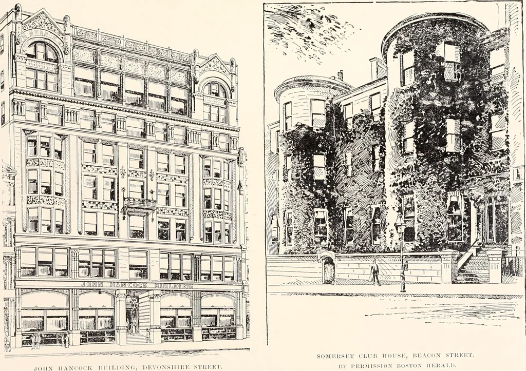An illustration from A half century of Boston's building : the construction of buildings, the enactment of building laws and ordinances, sanitary laws, the ancient and modern building, building statistics, Boston's valuation, a chapter of Boston's big fire, fire losses, public lands account, prominent architects, contractors and builders, building materials and their source of supply, inspection of buildings, the building and plumbing associations, 1895, leaf 417