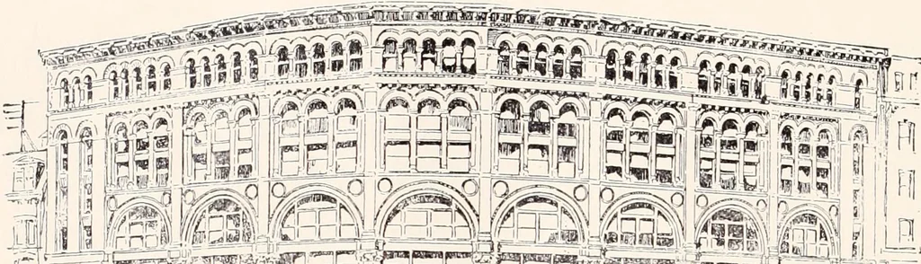 An illustration from A half century of Boston's building : the construction of buildings, the enactment of building laws and ordinances, sanitary laws, the ancient and modern building, building statistics, Boston's valuation, a chapter of Boston's big fire, fire losses, public lands account, prominent architects, contractors and builders, building materials and their source of supply, inspection of buildings, the building and plumbing associations, 1895, leaf 42