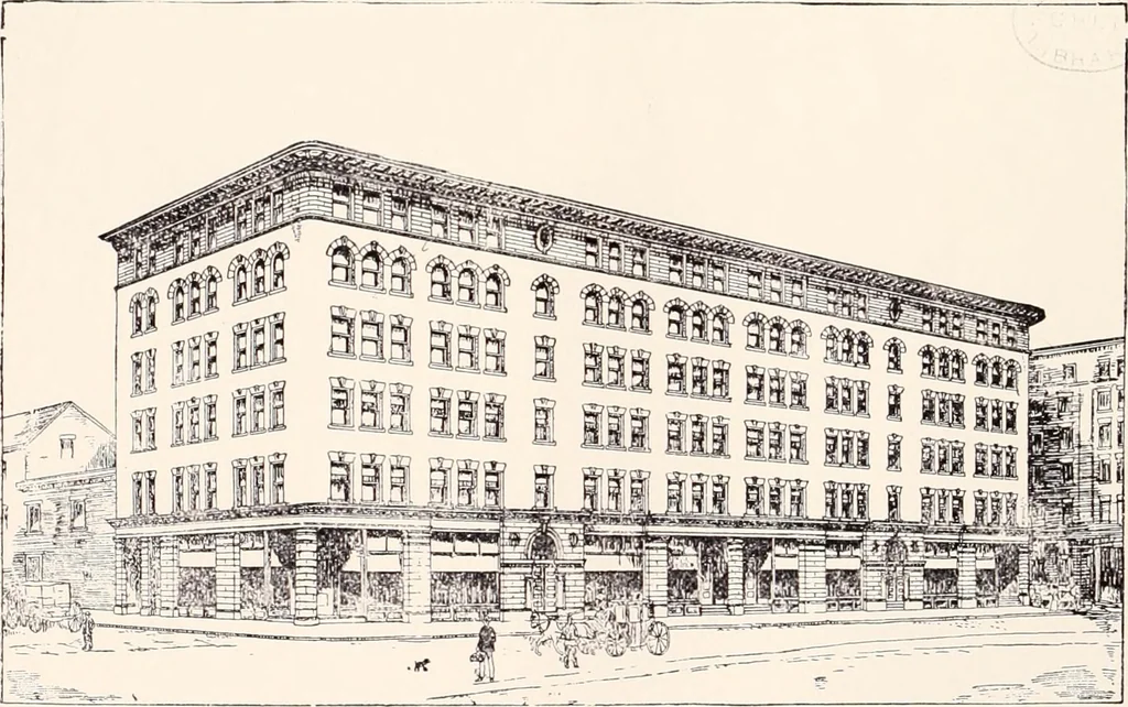 An illustration from A half century of Boston's building : the construction of buildings, the enactment of building laws and ordinances, sanitary laws, the ancient and modern building, building statistics, Boston's valuation, a chapter of Boston's big fire, fire losses, public lands account, prominent architects, contractors and builders, building materials and their source of supply, inspection of buildings, the building and plumbing associations, 1895, leaf 42