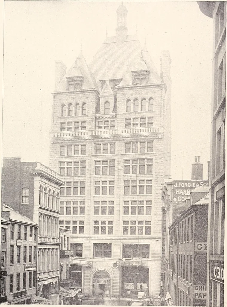 An illustration from A half century of Boston's building : the construction of buildings, the enactment of building laws and ordinances, sanitary laws, the ancient and modern building, building statistics, Boston's valuation, a chapter of Boston's big fire, fire losses, public lands account, prominent architects, contractors and builders, building materials and their source of supply, inspection of buildings, the building and plumbing associations, 1895, leaf 449