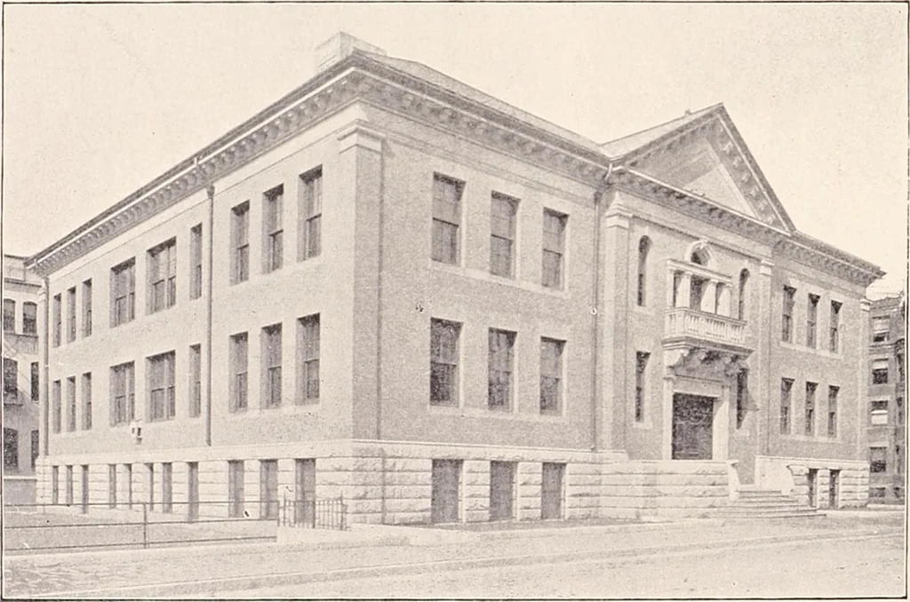 An illustration from A half century of Boston's building : the construction of buildings, the enactment of building laws and ordinances, sanitary laws, the ancient and modern building, building statistics, Boston's valuation, a chapter of Boston's big fire, fire losses, public lands account, prominent architects, contractors and builders, building materials and their source of supply, inspection of buildings, the building and plumbing associations, 1895, leaf 452