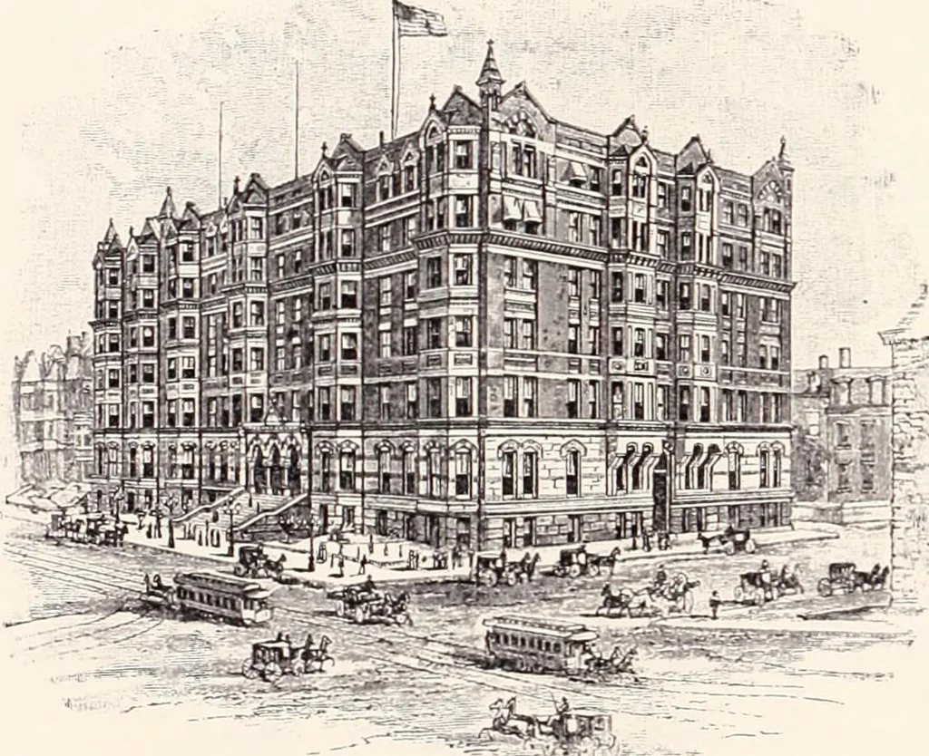 An illustration from A half century of Boston's building : the construction of buildings, the enactment of building laws and ordinances, sanitary laws, the ancient and modern building, building statistics, Boston's valuation, a chapter of Boston's big fire, fire losses, public lands account, prominent architects, contractors and builders, building materials and their source of supply, inspection of buildings, the building and plumbing associations, 1895, leaf 456