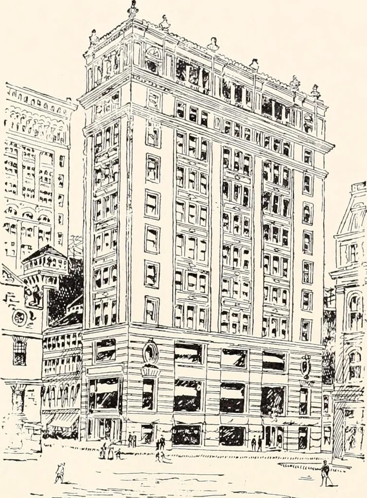 An illustration from A half century of Boston's building : the construction of buildings, the enactment of building laws and ordinances, sanitary laws, the ancient and modern building, building statistics, Boston's valuation, a chapter of Boston's big fire, fire losses, public lands account, prominent architects, contractors and builders, building materials and their source of supply, inspection of buildings, the building and plumbing associations, 1895, leaf 465