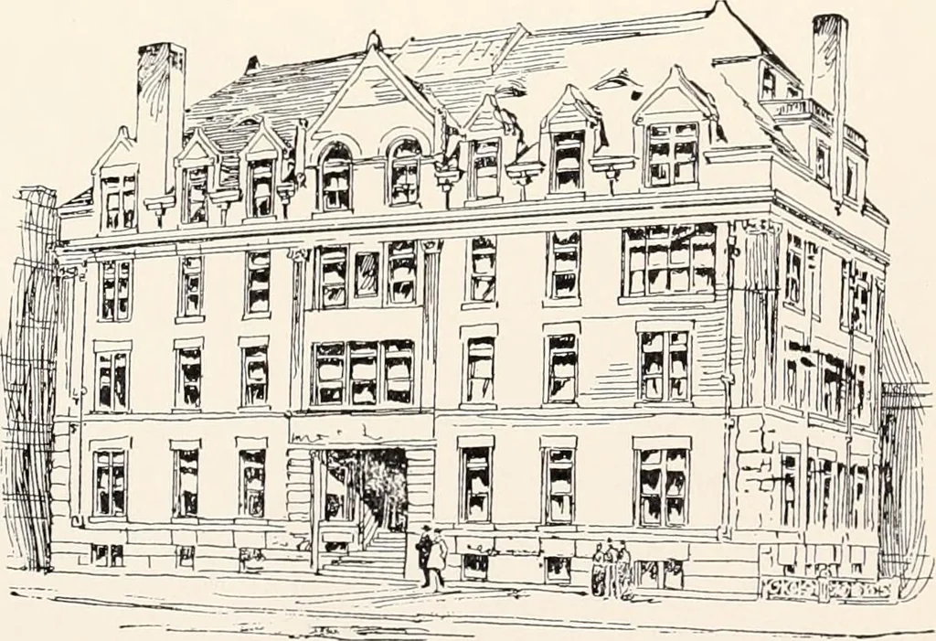An illustration from A half century of Boston's building : the construction of buildings, the enactment of building laws and ordinances, sanitary laws, the ancient and modern building, building statistics, Boston's valuation, a chapter of Boston's big fire, fire losses, public lands account, prominent architects, contractors and builders, building materials and their source of supply, inspection of buildings, the building and plumbing associations, 1895, leaf 465