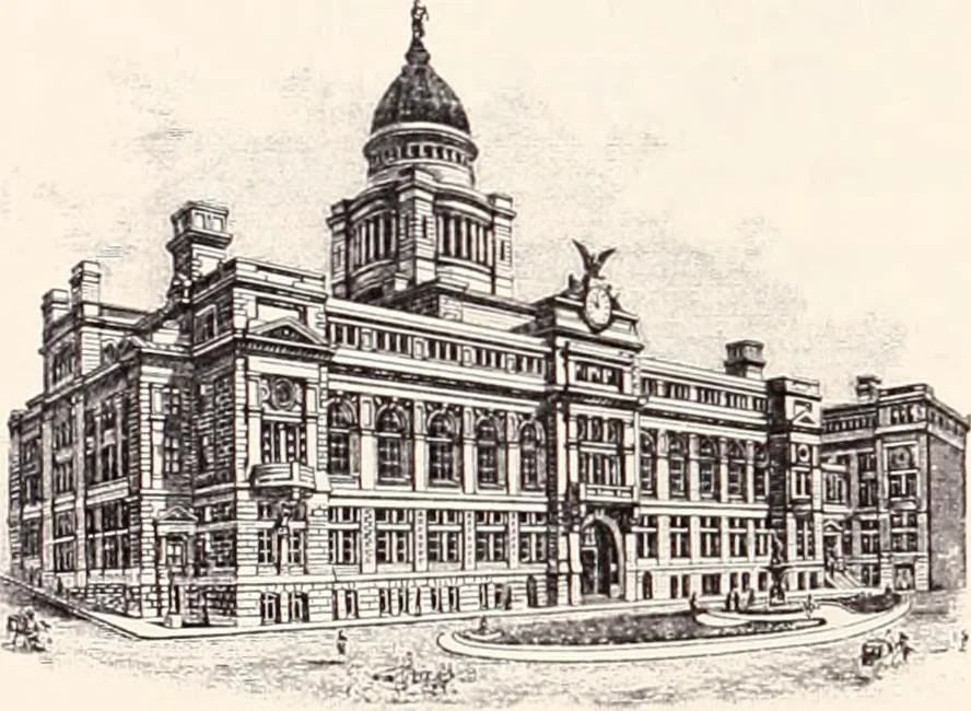 An illustration from A half century of Boston's building : the construction of buildings, the enactment of building laws and ordinances, sanitary laws, the ancient and modern building, building statistics, Boston's valuation, a chapter of Boston's big fire, fire losses, public lands account, prominent architects, contractors and builders, building materials and their source of supply, inspection of buildings, the building and plumbing associations, 1895, leaf 496