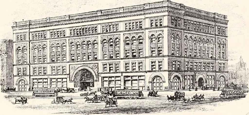 An illustration from A half century of Boston's building : the construction of buildings, the enactment of building laws and ordinances, sanitary laws, the ancient and modern building, building statistics, Boston's valuation, a chapter of Boston's big fire, fire losses, public lands account, prominent architects, contractors and builders, building materials and their source of supply, inspection of buildings, the building and plumbing associations, 1895, leaf 51