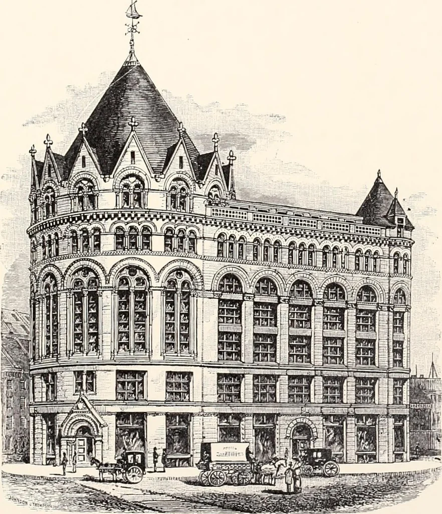 An illustration from A half century of Boston's building : the construction of buildings, the enactment of building laws and ordinances, sanitary laws, the ancient and modern building, building statistics, Boston's valuation, a chapter of Boston's big fire, fire losses, public lands account, prominent architects, contractors and builders, building materials and their source of supply, inspection of buildings, the building and plumbing associations, 1895, leaf 51