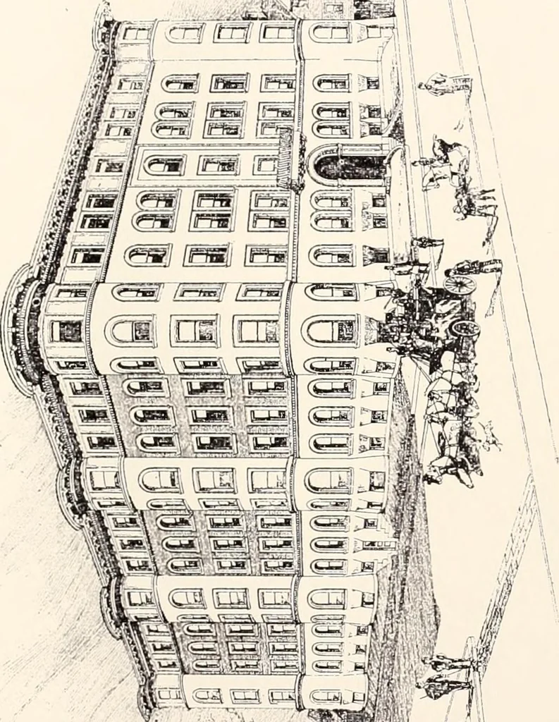 An illustration from A half century of Boston's building : the construction of buildings, the enactment of building laws and ordinances, sanitary laws, the ancient and modern building, building statistics, Boston's valuation, a chapter of Boston's big fire, fire losses, public lands account, prominent architects, contractors and builders, building materials and their source of supply, inspection of buildings, the building and plumbing associations, 1895, leaf 523
