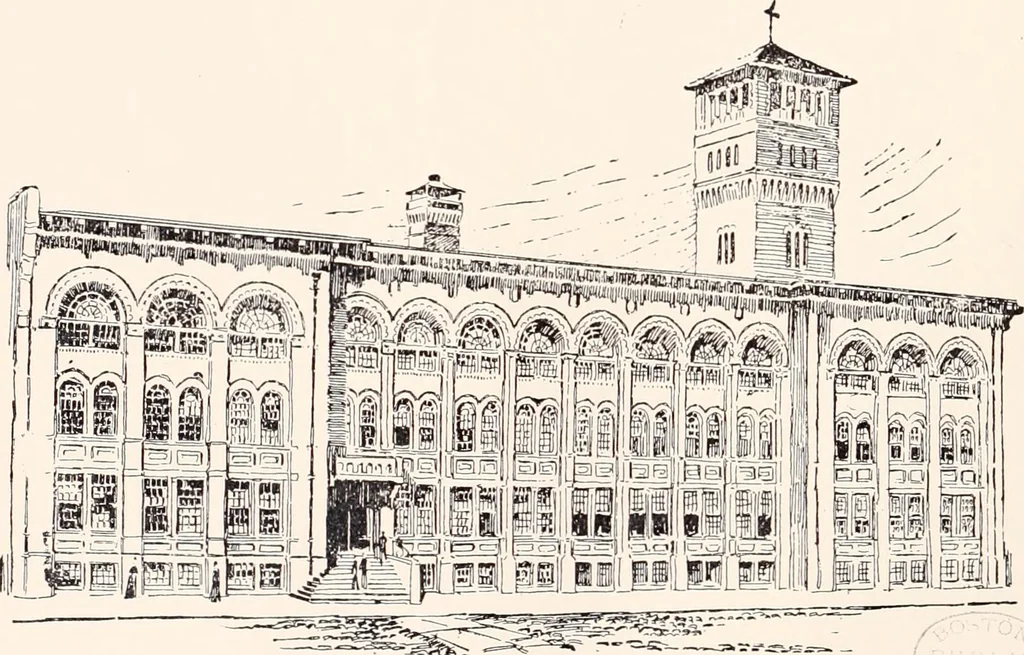 An illustration from A half century of Boston's building : the construction of buildings, the enactment of building laws and ordinances, sanitary laws, the ancient and modern building, building statistics, Boston's valuation, a chapter of Boston's big fire, fire losses, public lands account, prominent architects, contractors and builders, building materials and their source of supply, inspection of buildings, the building and plumbing associations, 1895, leaf 54