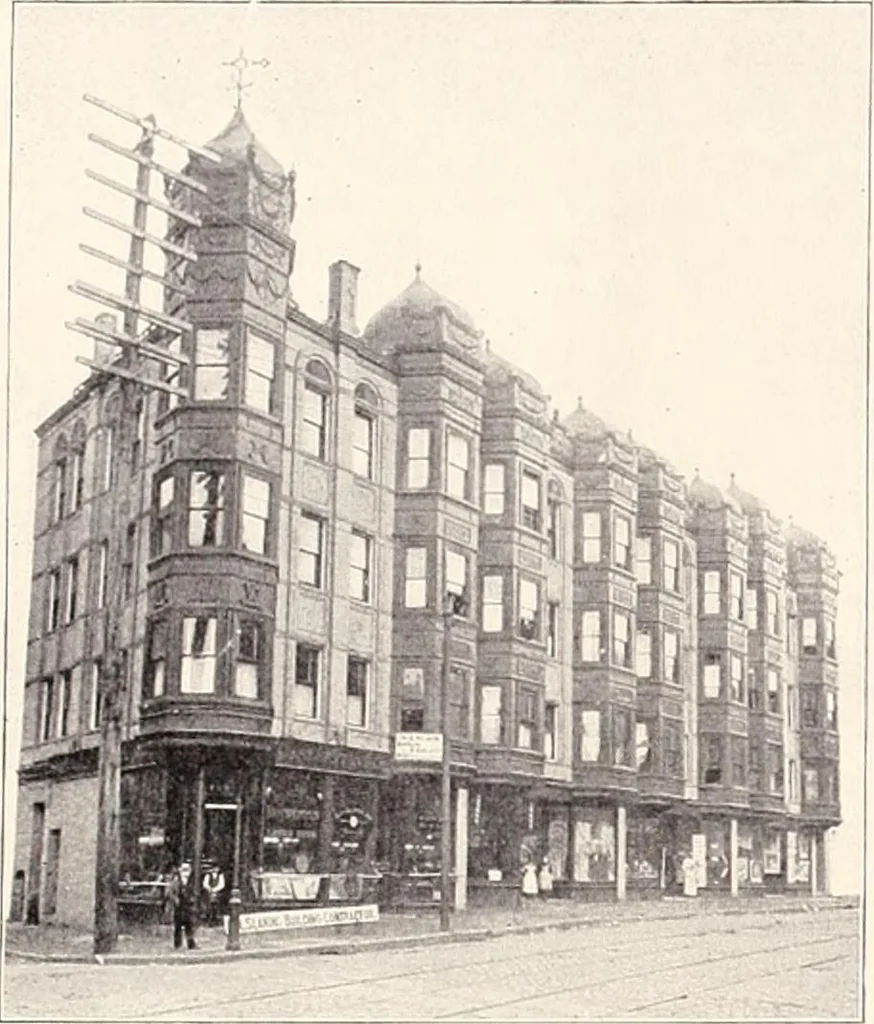 An illustration from A half century of Boston's building : the construction of buildings, the enactment of building laws and ordinances, sanitary laws, the ancient and modern building, building statistics, Boston's valuation, a chapter of Boston's big fire, fire losses, public lands account, prominent architects, contractors and builders, building materials and their source of supply, inspection of buildings, the building and plumbing associations, 1895, leaf 589