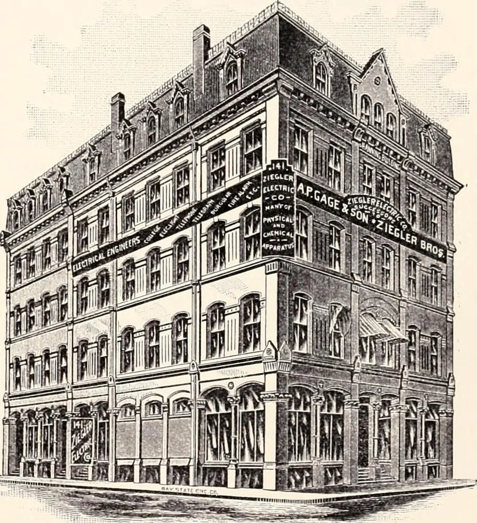 An illustration from A half century of Boston's building : the construction of buildings, the enactment of building laws and ordinances, sanitary laws, the ancient and modern building, building statistics, Boston's valuation, a chapter of Boston's big fire, fire losses, public lands account, prominent architects, contractors and builders, building materials and their source of supply, inspection of buildings, the building and plumbing associations, 1895, leaf 597