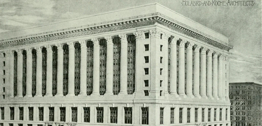 An illustration from A half century of Chicago building : a practical reference guide : all building laws and ordinances brought to date : historical, technical and statistical review of the construction and material development of America's inland metropolis, 1910, leaf 30