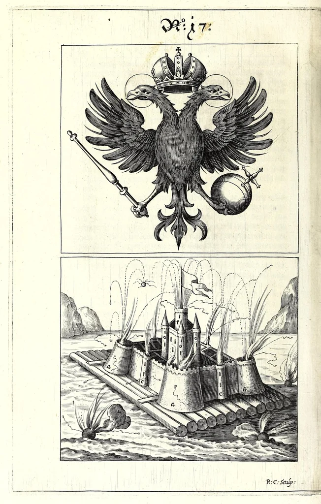 An illustration from Halinitro-pyrobolia : Beschreibu[n]g einer newen Büchsenmeisterey, nemlichen, gründlicher Bericht wie der Salpeter, Schwefel, Kohlen vnnd das Pulfer zu praepariren, zu probieren, auch langwirrig gut zu behalten : das Fewrwerck zur Kurtzweil vnd Ernst zu laboriren, dann wie der Pöler, das grobe Geschütz vnd der Petardo zu gobernirn ..., 1627, leaf 102