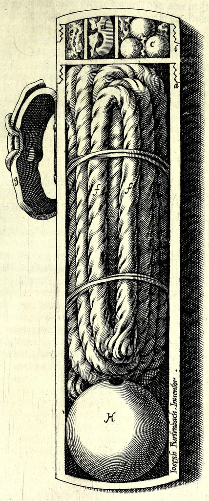 An illustration from Halinitro-pyrobolia : Beschreibu[n]g einer newen Büchsenmeisterey, nemlichen, gründlicher Bericht wie der Salpeter, Schwefel, Kohlen vnnd das Pulfer zu praepariren, zu probieren, auch langwirrig gut zu behalten : das Fewrwerck zur Kurtzweil vnd Ernst zu laboriren, dann wie der Pöler, das grobe Geschütz vnd der Petardo zu gobernirn ..., 1627, leaf 203