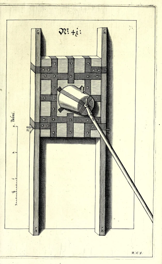 An illustration from Halinitro-pyrobolia : Beschreibu[n]g einer newen Büchsenmeisterey, nemlichen, gründlicher Bericht wie der Salpeter, Schwefel, Kohlen vnnd das Pulfer zu praepariren, zu probieren, auch langwirrig gut zu behalten : das Fewrwerck zur Kurtzweil vnd Ernst zu laboriren, dann wie der Pöler, das grobe Geschütz vnd der Petardo zu gobernirn ..., 1627, leaf 211