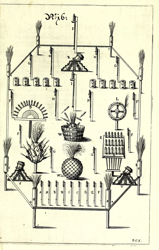 An illustration from Halinitro-pyrobolia : Beschreibu[n]g einer newen Büchsenmeisterey, nemlichen, gründlicher Bericht wie der Salpeter, Schwefel, Kohlen vnnd das Pulfer zu praepariren, zu probieren, auch langwirrig gut zu behalten : das Fewrwerck zur Kurtzweil vnd Ernst zu laboriren, dann wie der Pöler, das grobe Geschütz vnd der Petardo zu gobernirn ..., 1627, leaf 97