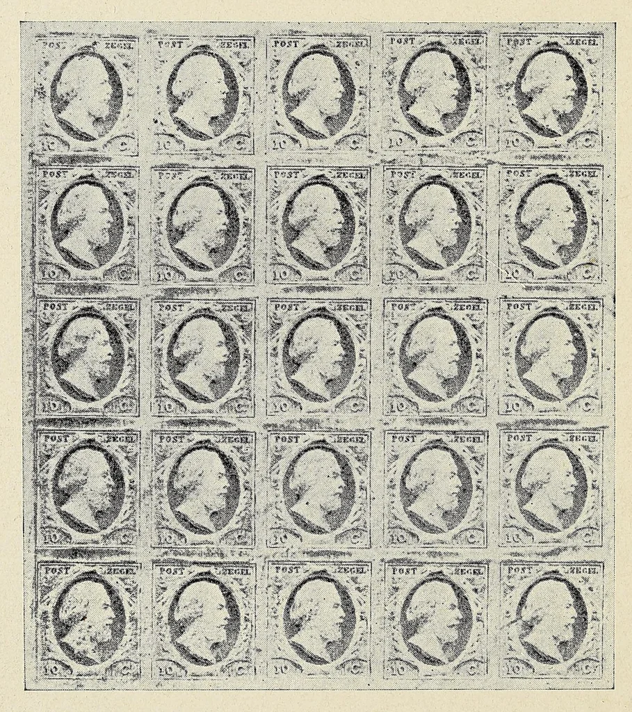 An illustration from Handboek over alle post- en portozegels van Nederland en Koloniën : met vermelding van alle typen, alle kleurverschillen, alle tandingen, afwijkingen enz., voor zoover die tot op heden bekend zijn, 1908, leaf 14
