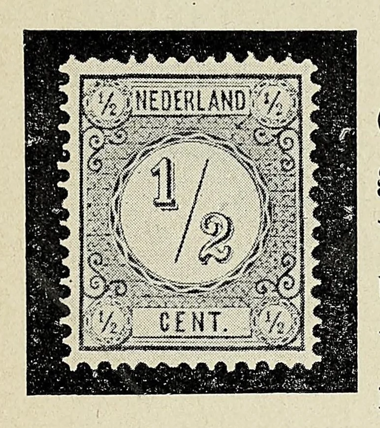 An illustration from Handboek over alle post- en portozegels van Nederland en Koloniën : met vermelding van alle typen, alle kleurverschillen, alle tandingen, afwijkingen enz., voor zoover die tot op heden bekend zijn, 1908, leaf 43