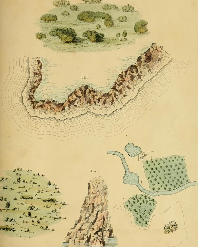 An illustration from A hand-book for mapping, engineering, and architectural drawing : in which maps of all descriptiosn are analyzed, and their several uses fully explained ; intended for the use of civil engineers, architects, and surveyors, also for naval and military academies, engineering schools and colleges, and draughtsmen ; illustrated with forty-three large plates and thirty-nine woodcuts, among which will be found examples of a parliamentary railway plan, section, and cross sections, prepared in compliance with the standing orders of the House of Commons ; with plain instructions for lithographing and zincographing maps and drawings, and an exposition of the relative cost and merits of engraving, lithographing, and zincographing, 1846, leaf 109
