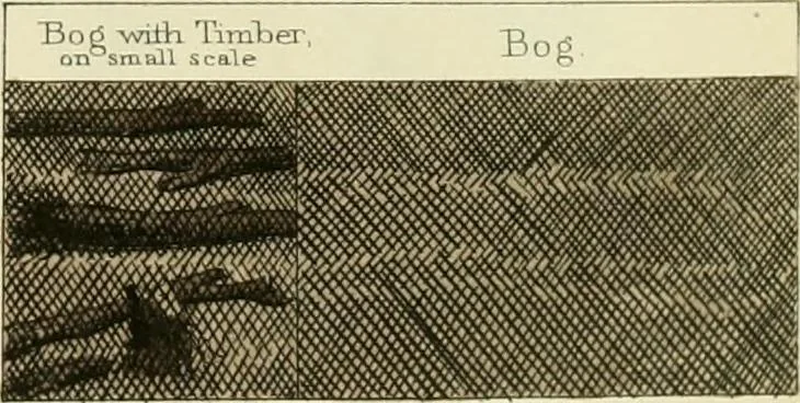 An illustration from A hand-book for mapping, engineering, and architectural drawing : in which maps of all descriptiosn are analyzed, and their several uses fully explained ; intended for the use of civil engineers, architects, and surveyors, also for naval and military academies, engineering schools and colleges, and draughtsmen ; illustrated with forty-three large plates and thirty-nine woodcuts, among which will be found examples of a parliamentary railway plan, section, and cross sections, prepared in compliance with the standing orders of the House of Commons ; with plain instructions for lithographing and zincographing maps and drawings, and an exposition of the relative cost and merits of engraving, lithographing, and zincographing, 1846, leaf 129
