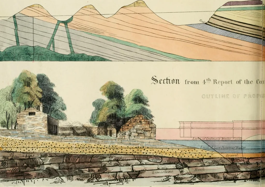 An illustration from A hand-book for mapping, engineering, and architectural drawing : in which maps of all descriptiosn are analyzed, and their several uses fully explained ; intended for the use of civil engineers, architects, and surveyors, also for naval and military academies, engineering schools and colleges, and draughtsmen ; illustrated with forty-three large plates and thirty-nine woodcuts, among which will be found examples of a parliamentary railway plan, section, and cross sections, prepared in compliance with the standing orders of the House of Commons ; with plain instructions for lithographing and zincographing maps and drawings, and an exposition of the relative cost and merits of engraving, lithographing, and zincographing, 1846, leaf 138