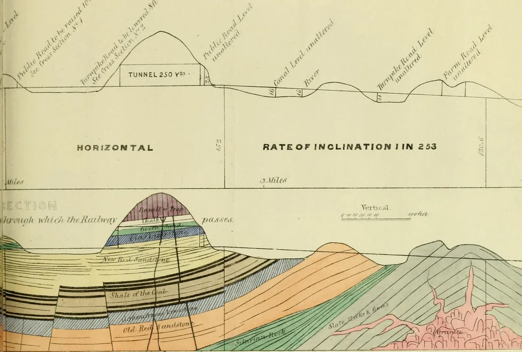 An illustration from A hand-book for mapping, engineering, and architectural drawing : in which maps of all descriptiosn are analyzed, and their several uses fully explained ; intended for the use of civil engineers, architects, and surveyors, also for naval and military academies, engineering schools and colleges, and draughtsmen ; illustrated with forty-three large plates and thirty-nine woodcuts, among which will be found examples of a parliamentary railway plan, section, and cross sections, prepared in compliance with the standing orders of the House of Commons ; with plain instructions for lithographing and zincographing maps and drawings, and an exposition of the relative cost and merits of engraving, lithographing, and zincographing, 1846, leaf 139