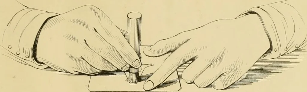 An illustration from A hand-book for mapping, engineering, and architectural drawing : in which maps of all descriptiosn are analyzed, and their several uses fully explained ; intended for the use of civil engineers, architects, and surveyors, also for naval and military academies, engineering schools and colleges, and draughtsmen ; illustrated with forty-three large plates and thirty-nine woodcuts, among which will be found examples of a parliamentary railway plan, section, and cross sections, prepared in compliance with the standing orders of the House of Commons ; with plain instructions for lithographing and zincographing maps and drawings, and an exposition of the relative cost and merits of engraving, lithographing, and zincographing, 1846, leaf 167