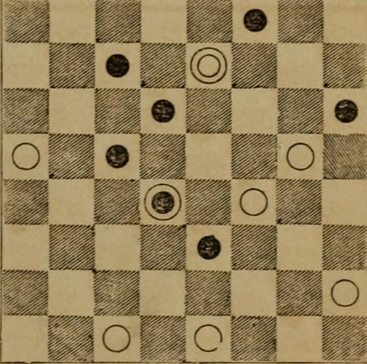 An illustration from Hand book of draughts and backgammon. The draught player's hand book, 1852, leaf 112