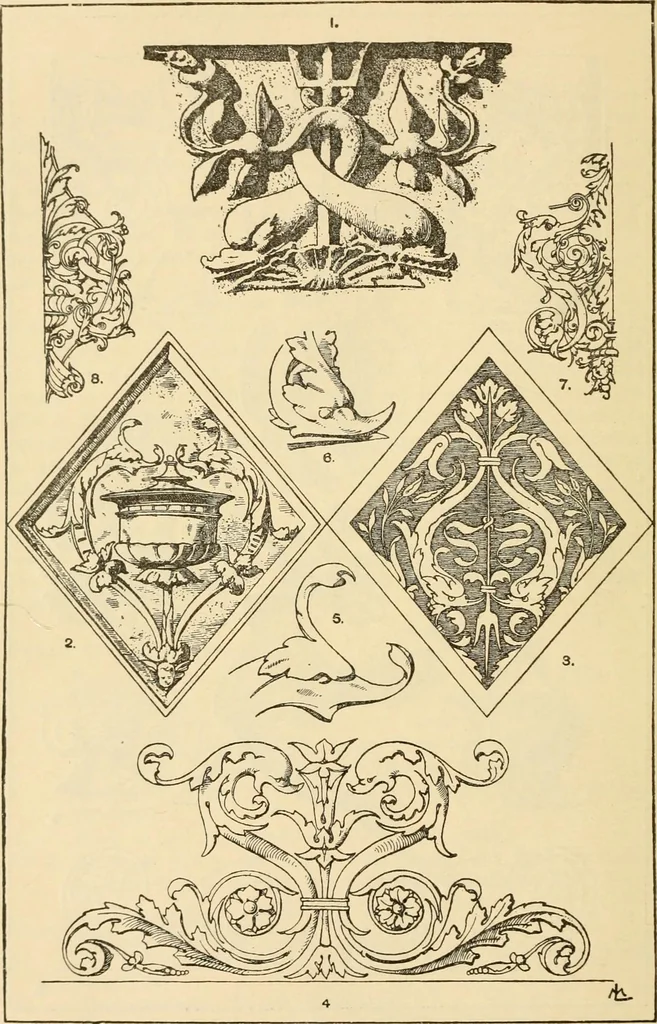 An illustration from Handbook of ornament; a grammar of art, industrial and architectural designing in all its branches, for practical as well as theoretical use, 1900, leaf 102