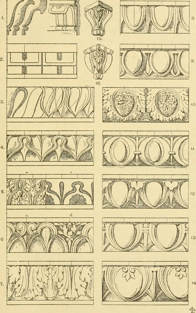 An illustration from Handbook of ornament; a grammar of art, industrial and architectural designing in all its branches, for practical as well as theoretical use, 1900, leaf 171