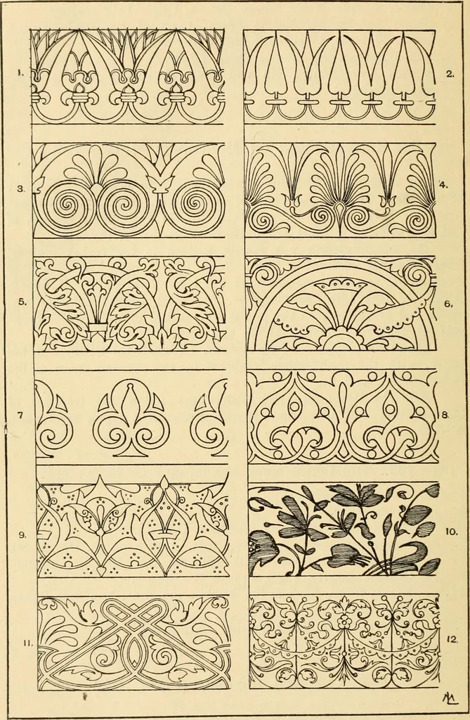 An illustration from Handbook of ornament; a grammar of art, industrial and architectural designing in all its branches, for practical as well as theoretical use, 1900, leaf 176