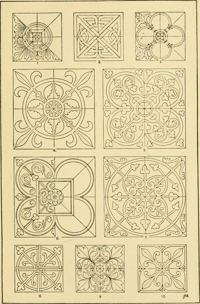 An illustration from Handbook of ornament; a grammar of art, industrial and architectural designing in all its branches, for practical as well as theoretical use, 1900, leaf 265