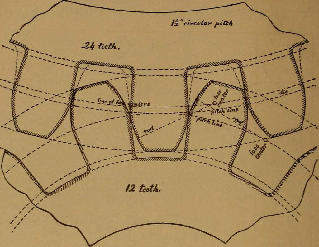 An illustration from A handbook on the teeth of gears, their curves, properties, and practical construction, 1890, leaf 18